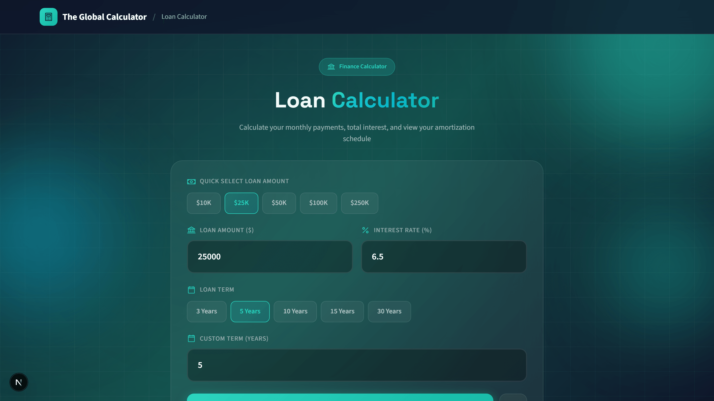 Loan calculator interface with inputs, results, and repayment summary